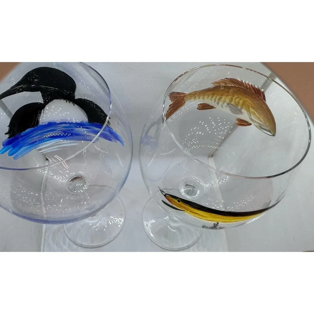 Hand Painted Set Loon Wine Glass Lake Bird Art Fishing Lure Balloon Wine Goblet